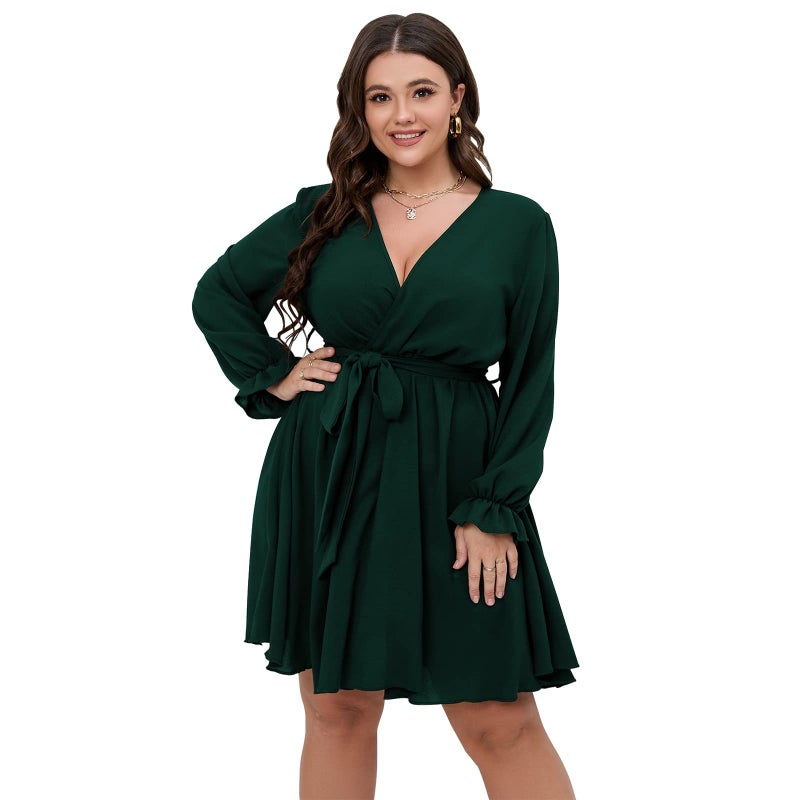 SCOMCHIC Women's Plus Size Long Sleeve Wrap V Neck Tie Waist A Line Mini Dress Emerald Green - Image 2