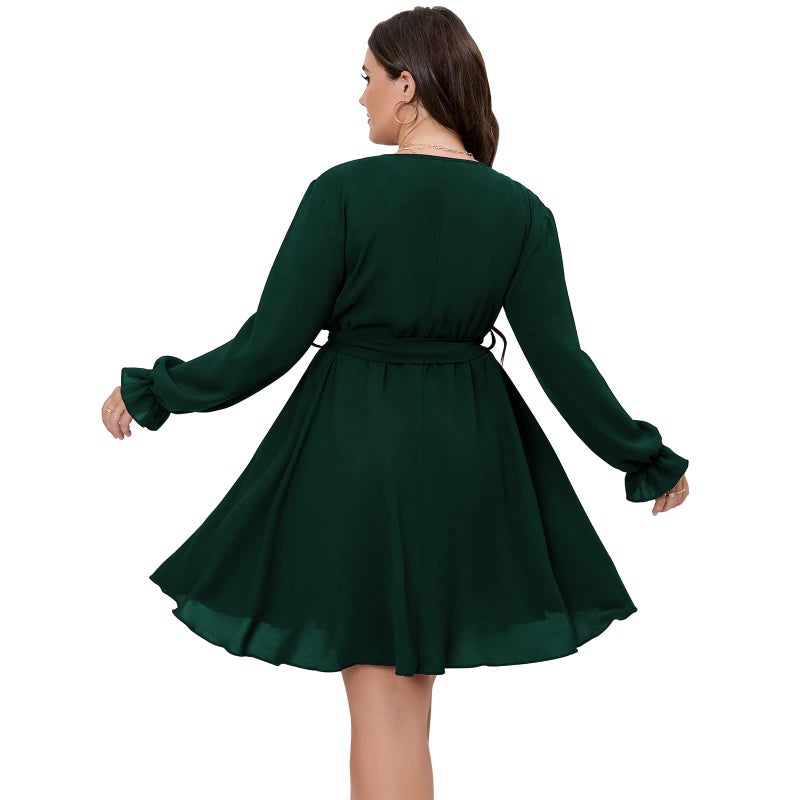 SCOMCHIC Women's Plus Size Long Sleeve Wrap V Neck Tie Waist A Line Mini Dress Emerald Green - Image 5
