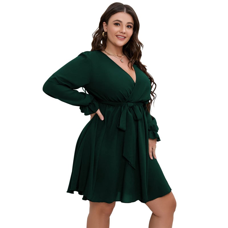 SCOMCHIC Women's Plus Size Long Sleeve Wrap V Neck Tie Waist A Line Mini Dress Emerald Green - Image 4