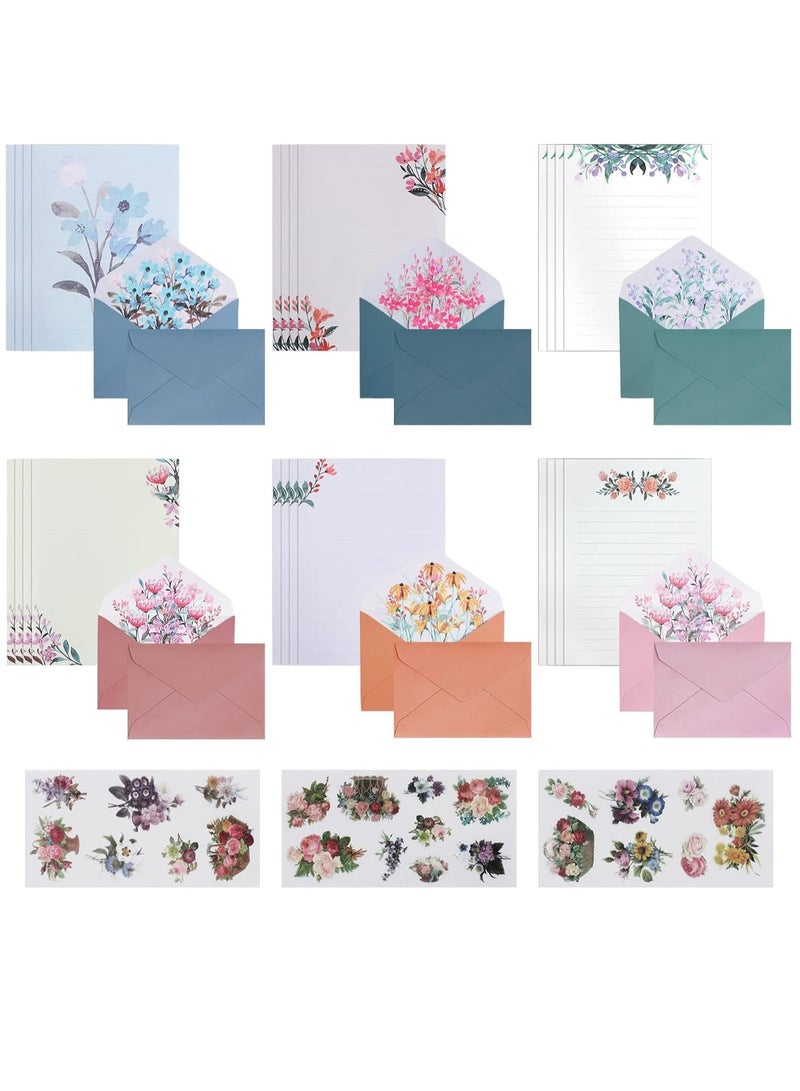 Zikra Writing Paper and Envelopes Set Flower Design Writing Letter Paper 24Pcs Writing Stationery Paper with 12Pcs Envelopes Set Lined Letter Writing Set with Floral Stickers for Invitation Gifts 6 Styles - Image 1
