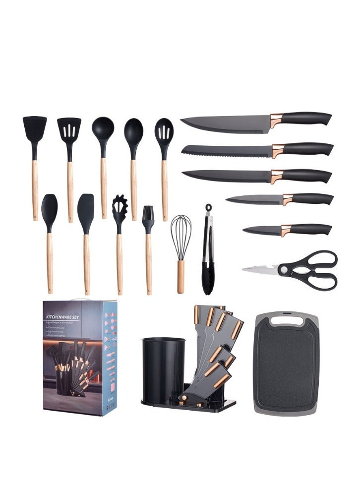 Outdoor.Market 19-Piece Silicone Kitchen Utensil Set – Heat Resistant Non-Stick Cooking Tools with Wooden Handles – Spatula, Spoon, Tongs, Whisk & More – Safe for Nonstick Cookware - Image 1