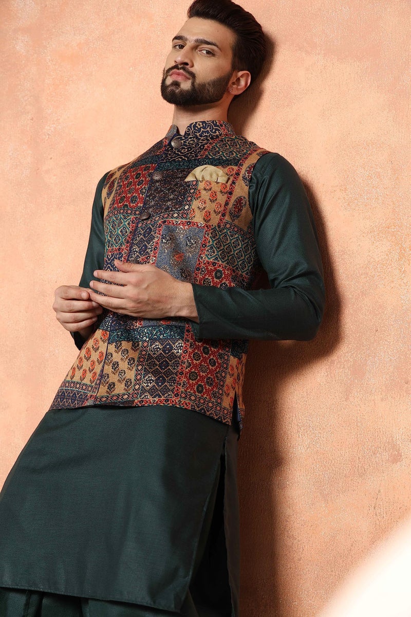 KISAH Men's Multi-Color Printed Cotton Nehru Jacket- Traditional Indian Waistcoat for Weddings & Festive Occasions - Image 5
