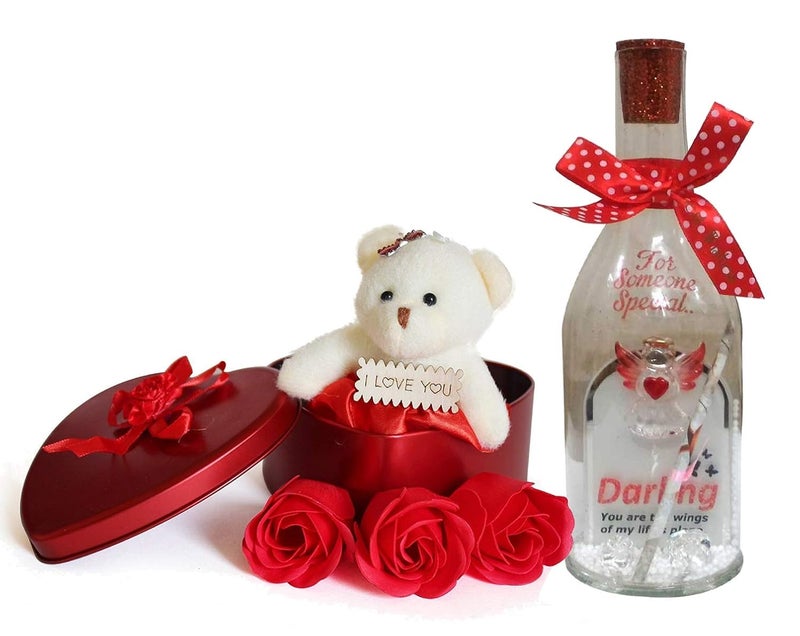 Natali Best Gift For Girlfriend 3 Red Rose Floral Scented Soap with Teddy Bear Message Bottle - Image 1