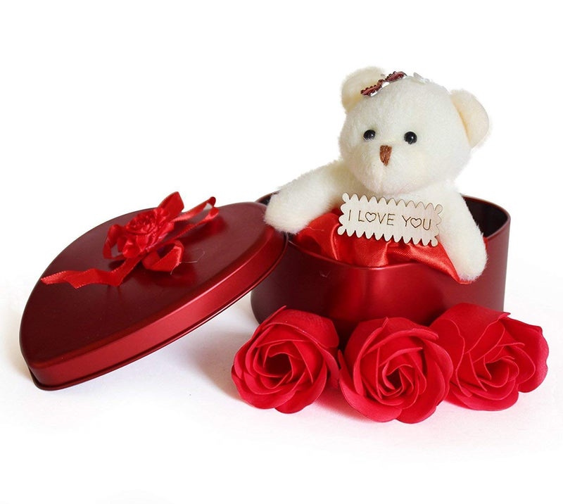 Natali Best Gift For Girlfriend 3 Red Rose Floral Scented Soap with Teddy Bear Message Bottle - Image 2
