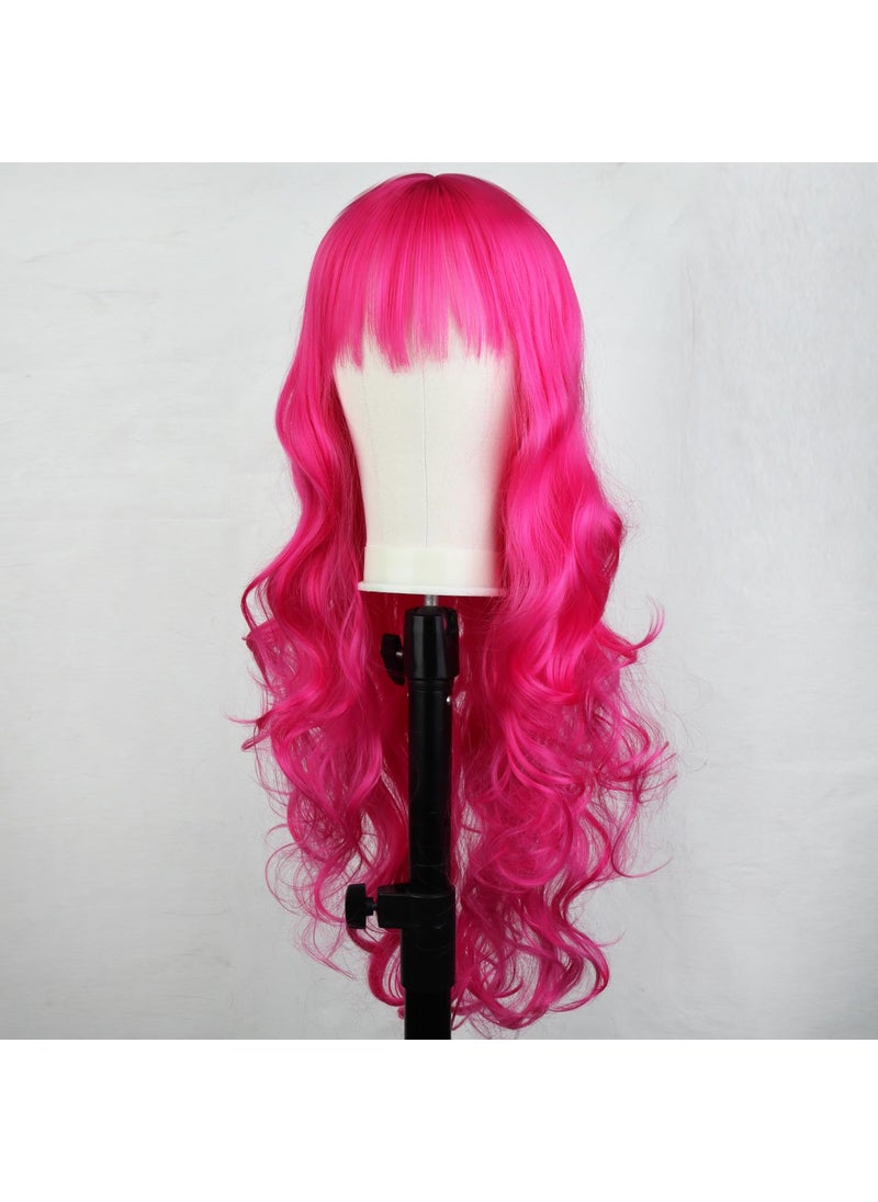 BERON - BERON 32 Inches Hot Pink Wig with Bangs Long Curly Wig Rose Red Wigs Women Wigs with Wig Cap - Image 1