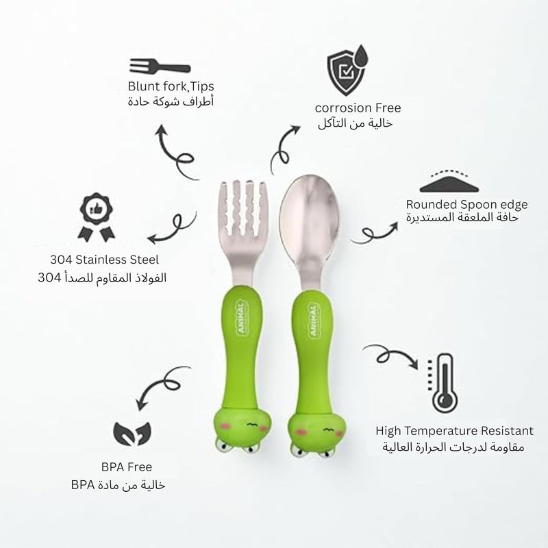كرافيستا مجموعة أدوات المائدة للأطفال من الفولاذ المقاوم للصدأ مع حقيبة | أدوات طعام خالية من مادة BPA للأطفال الصغار | ملعقة وشوكة خضراء من المعدن لصندوق الغداء | أدوات مائدة لطيفة مع حقيبة محمولة | هدايا للأطفال - Image 2