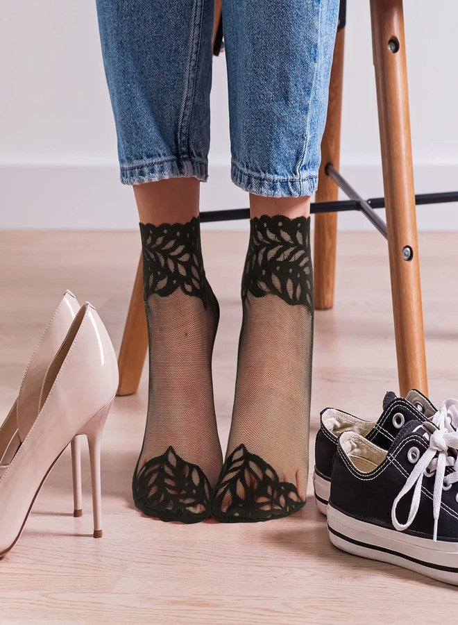 سوريو جوارب نسائية من الدانتيل من Sureio، 10 أزواج، جوارب شبكية شفافة للكاحل مزينة بكشكشة. - Image 2