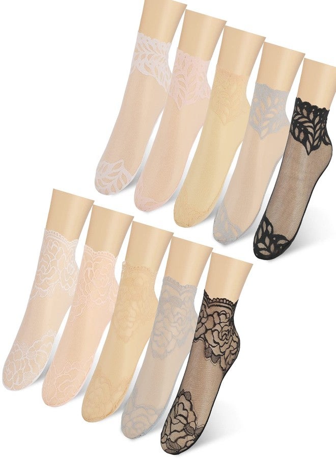 سوريو جوارب نسائية من الدانتيل من Sureio، 10 أزواج، جوارب شبكية شفافة للكاحل مزينة بكشكشة. - Image 1