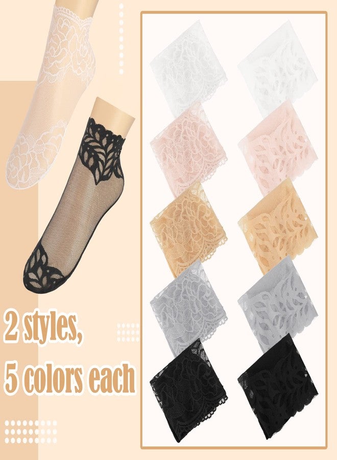 سوريو جوارب نسائية من الدانتيل من Sureio، 10 أزواج، جوارب شبكية شفافة للكاحل مزينة بكشكشة. - Image 3