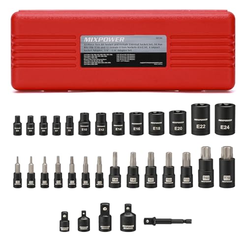 MIXPOWER 32PCS Torx Bit Socket Set, 14 Star Bits (T8-T70)& 13 E-Torx Sockets (E4-E24), CR-V & S2 Alloy Steel - Image 1