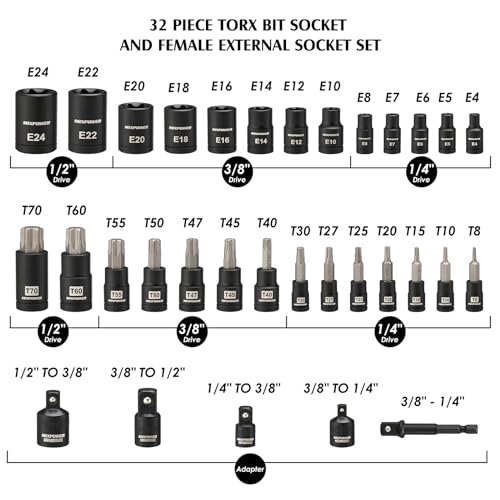 MIXPOWER 32PCS Torx Bit Socket Set, 14 Star Bits (T8-T70)& 13 E-Torx Sockets (E4-E24), CR-V & S2 Alloy Steel - Image 2