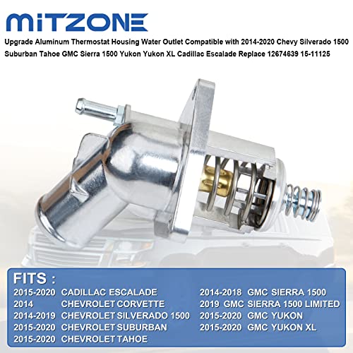MITZONE ترقية غلاف ترموستات الألمنيوم مخرج الماء متوافق مع شيفروليه سيلفرادو 1500 2014-2020، سوبربان، تاهو، جي إم سي سييرا 1500، يوكون، يوكون XL، كاديلاك إسكاليد استبدال 12674639 15-11125 - Image 2
