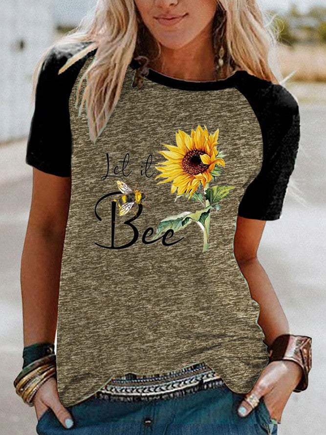 wish sunflower bee print Raglan contrast color short sleeve t-shirt - Image 3
