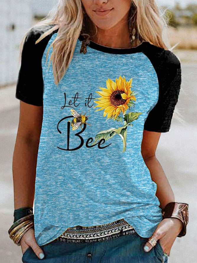 wish sunflower bee print Raglan contrast color short sleeve t-shirt - Image 4