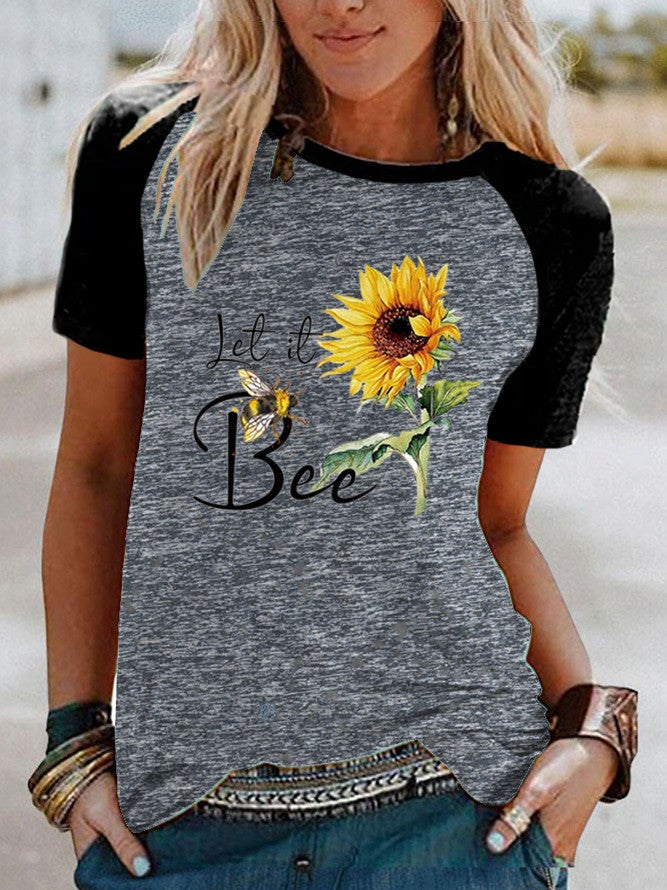 wish sunflower bee print Raglan contrast color short sleeve t-shirt - Image 5