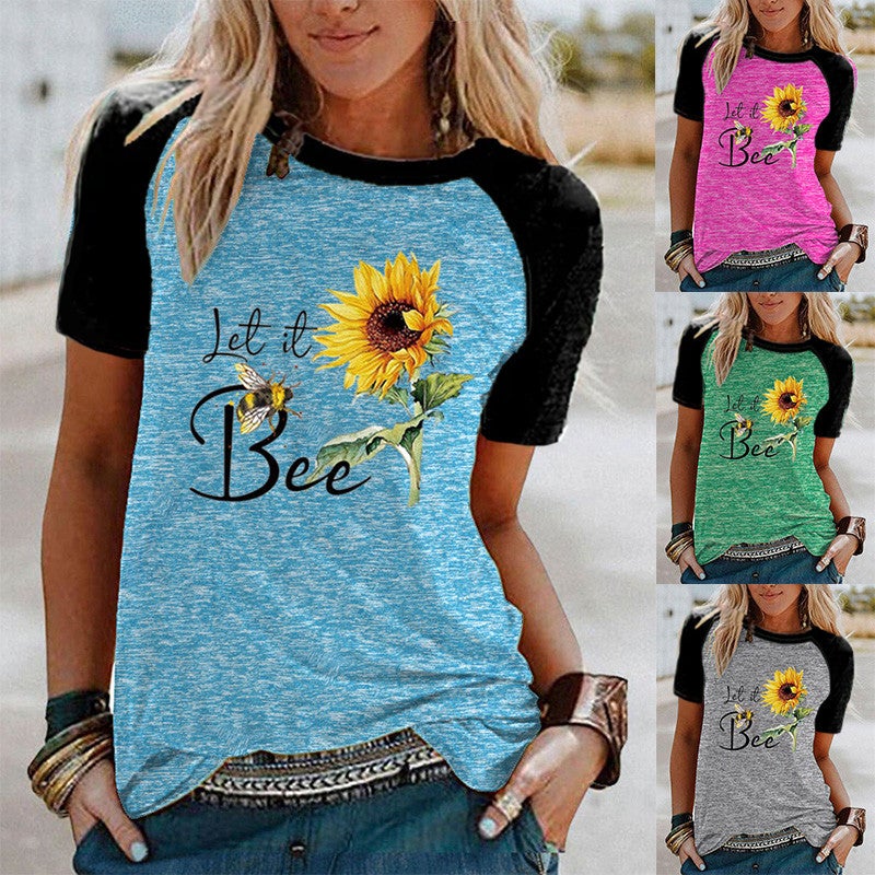 wish sunflower bee print Raglan contrast color short sleeve t-shirt - Image 2