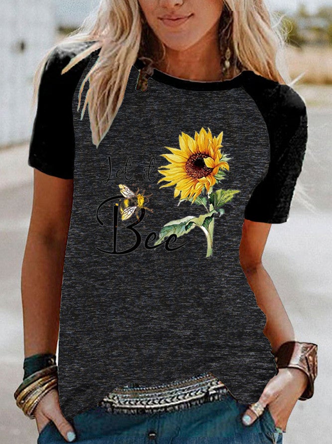 wish sunflower bee print Raglan contrast color short sleeve t-shirt - Image 1