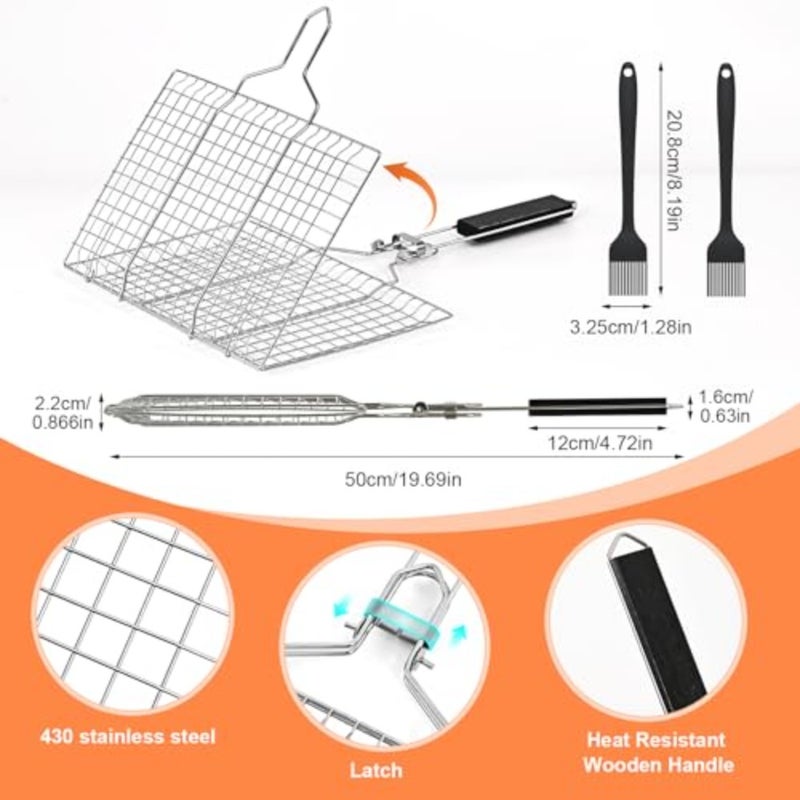 Fish Grill Baskets Folding Portable Fish Grilling Rack For Grill, BBQ Grilling Basket, Stainless Steel Grill Basket For Veggies, Shrimp, Meat Cook Come With Storage Bag and Two Basting Brush - Image 5