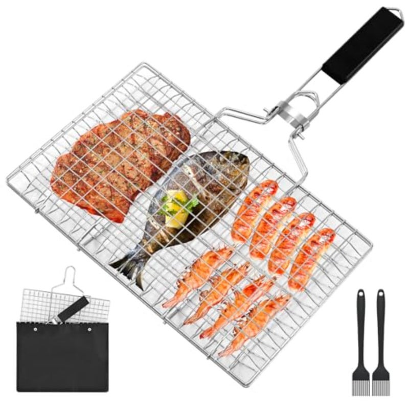 Fish Grill Baskets Folding Portable Fish Grilling Rack For Grill, BBQ Grilling Basket, Stainless Steel Grill Basket For Veggies, Shrimp, Meat Cook Come With Storage Bag and Two Basting Brush - Image 1