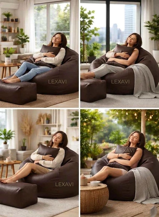 LEXAVI Brand®- 6XL PVC Faux Leather Leatherette Beanbag Cover (Without Beans)|| Bean Bag Sofa Chair Cover Only|| Jumbo Large Bean Bag Chair with Footrest & Cushion Cover | 1 Year Warranty - Brown - Image 3