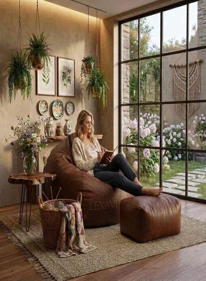 LEXAVI Brand®- 6XL PVC Faux Leather Leatherette Beanbag Cover (Without Beans)|| Bean Bag Sofa Chair Cover Only|| Jumbo Large Bean Bag Chair with Footrest & Cushion Cover | 1 Year Warranty - Brown - Image 5