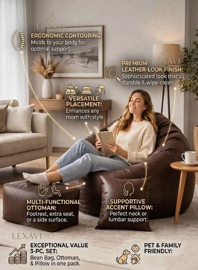 LEXAVI Brand®- 6XL PVC Faux Leather Leatherette Beanbag Cover (Without Beans)|| Bean Bag Sofa Chair Cover Only|| Jumbo Large Bean Bag Chair with Footrest & Cushion Cover | 1 Year Warranty - Brown - Image 4
