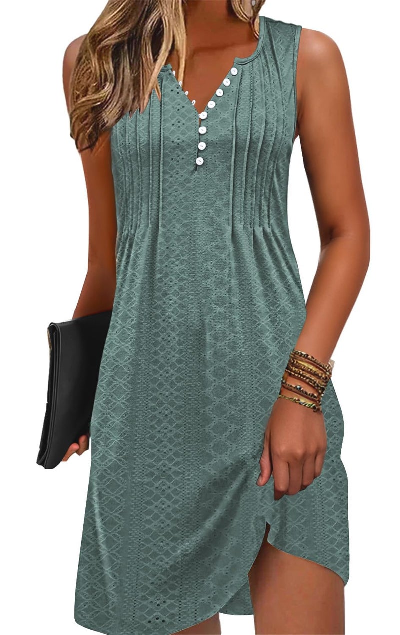 Disamer Beach Dresses for Women 2026 Vacation Swim Cover up V-Neck Summer Dress Button Down Sleeveless Boho Floral Sundress,Lace Green,Large - Image 1