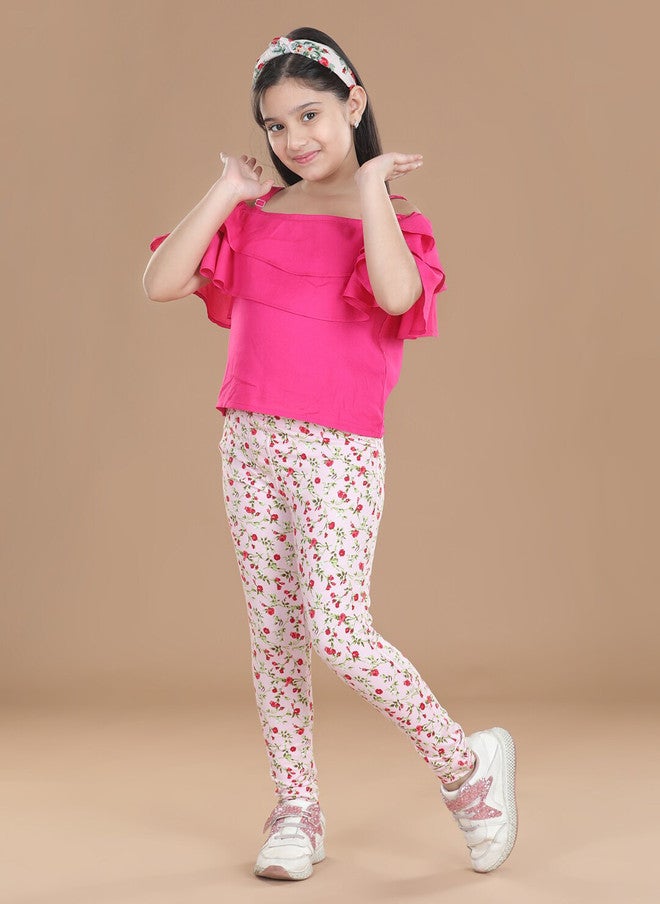 StyleStone Girls Pink & Green Floral Printed Cotton Treggings - Image 4