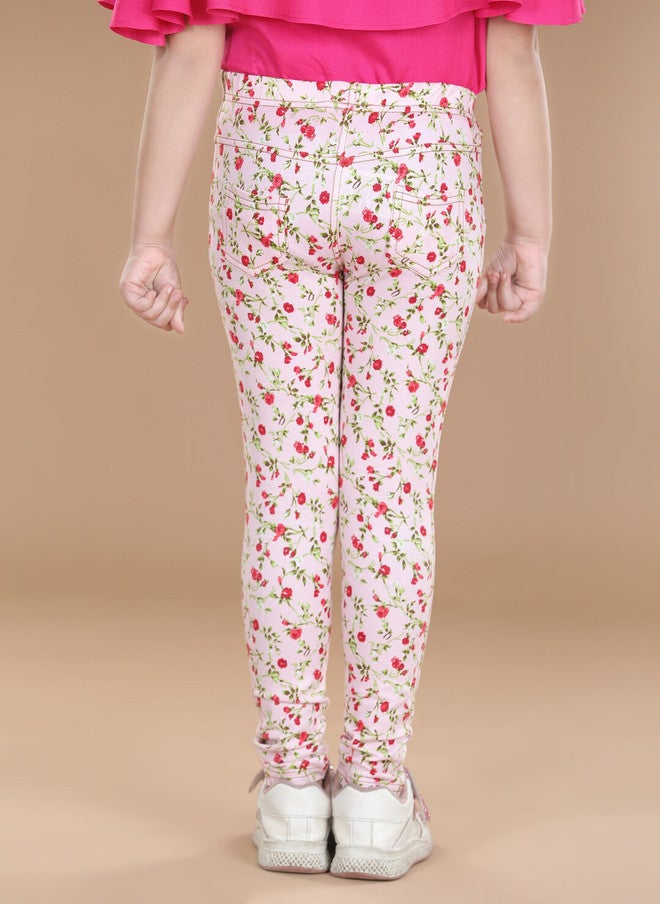 StyleStone Girls Pink & Green Floral Printed Cotton Treggings - Image 3