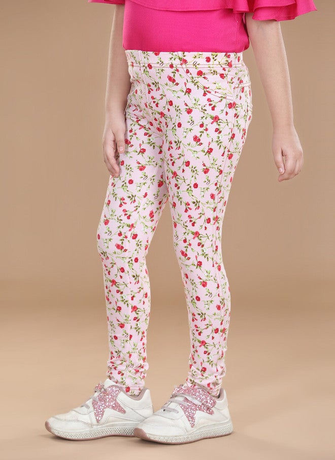 StyleStone Girls Pink & Green Floral Printed Cotton Treggings - Image 2
