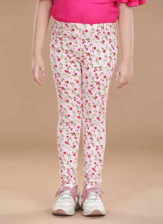 StyleStone Girls Pink & Green Floral Printed Cotton Treggings - Image 1