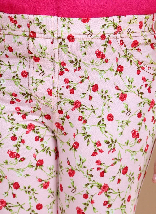 StyleStone Girls Pink & Green Floral Printed Cotton Treggings - Image 5