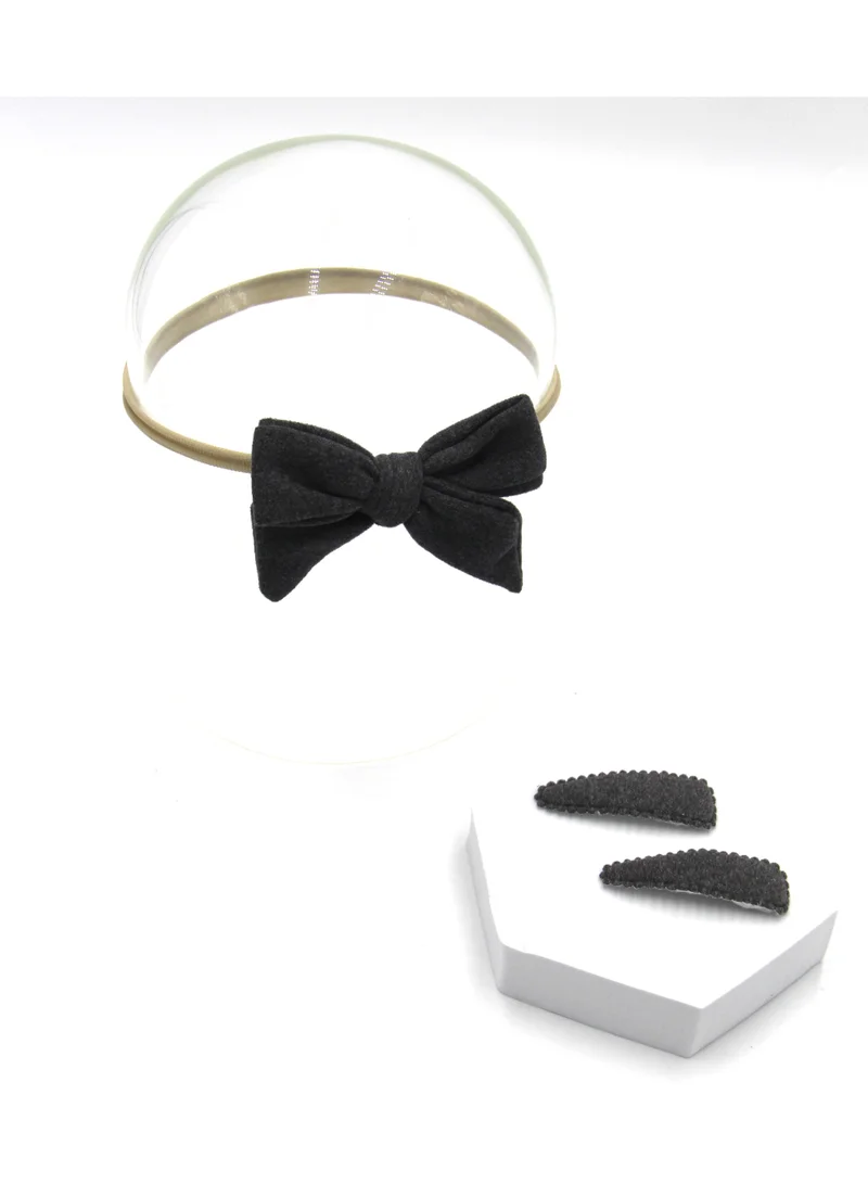 D'Daniela Sara Ribbon Bow Clip Set with Ponytail For Babies and Girls -Dark Grey