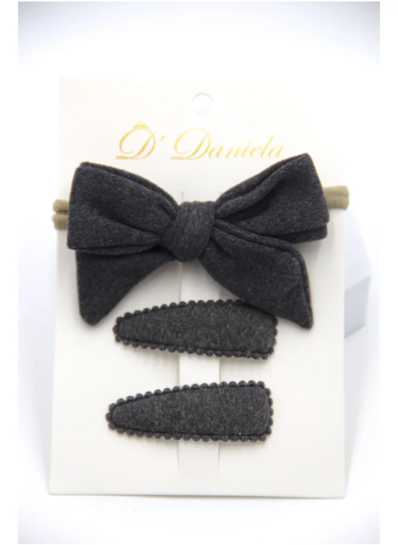 دىدانيالا Sara Ribbon Bow Clip Set with Ponytail For Babies and Girls -Dark Grey