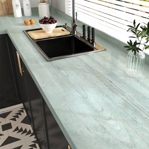 Wallercity Green Wood Contact Paper for Peel and Stick Countertops Wallpaper Cyan Wood Grain Contact Paper for Cabinets & Drawers Self Adhesive Vinyl Waterproof Wallpapers for Desk Table 15.8''×236'' - Image 1
