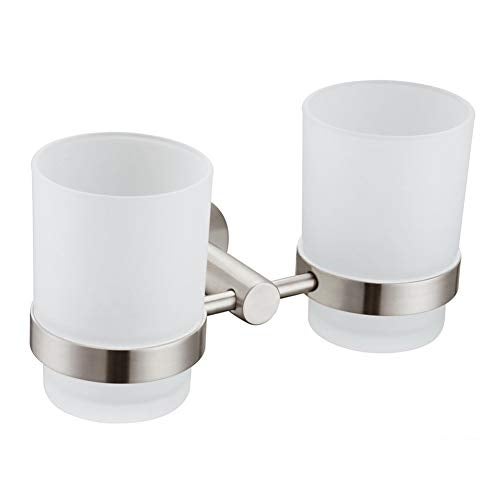 Angle Simple Double Toothbrush Holder, Angle Simple SUS304 Stainless Steel Wall Mounted Glass Tumbler Holder with Frosted Glass Cup Toothpaste Razor Organizer Bathroom Storage, Brushed Nickel - Image 1