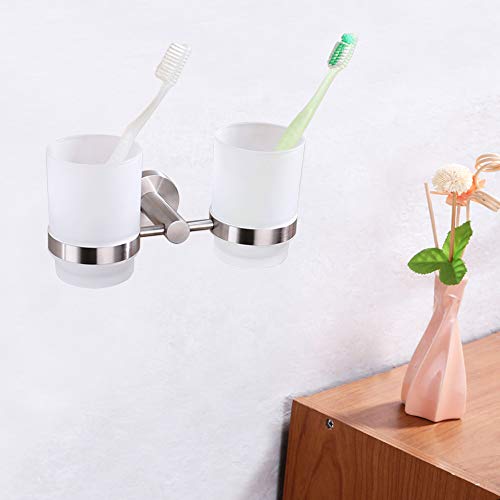 Angle Simple Double Toothbrush Holder, Angle Simple SUS304 Stainless Steel Wall Mounted Glass Tumbler Holder with Frosted Glass Cup Toothpaste Razor Organizer Bathroom Storage, Brushed Nickel - Image 3