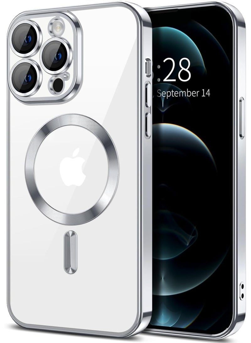 جراب مطلي بالكهرباء لهاتف iPhone 12 Pro مع حماية كاملة لعدسة الكاميرا متوافق مع الشحن اللاسلكي MagSafe، غطاء مغناطيسي ناعم مقاوم للصدمات من مادة TPU لهاتف iPhone 12 Pro (فضي) - Image 1