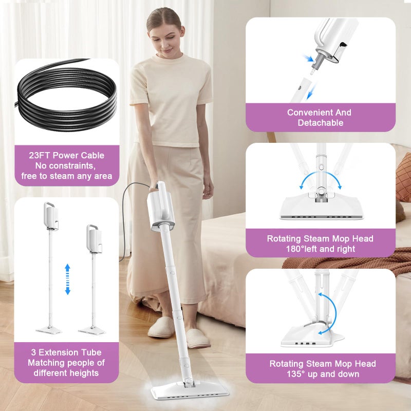 ACHTFACH 7-in-1 Steam Mop, 1200W Rotated Steam Cleaner for Home, 2 Modes, 400ML Removable Tank, 23FT Cord, 2 Washable Pads, Multi-Surface Steamer for Hard Floor, Laminate Floor, Tiles Cleaningï¼ˆOnion Whiteï¼‰ - Image 3