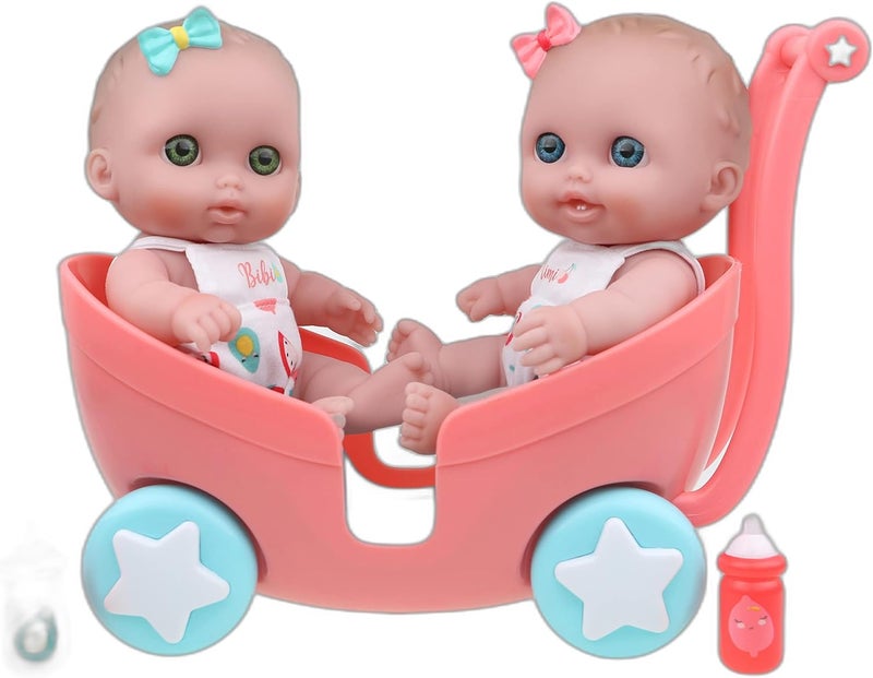 JC Toys Lil Cutesies Twin 8.5" All Vinyl Dolls and Stroller Set - Posable, Washable, and Removable Outfits - Perfect for Ages 2+ - Image 1