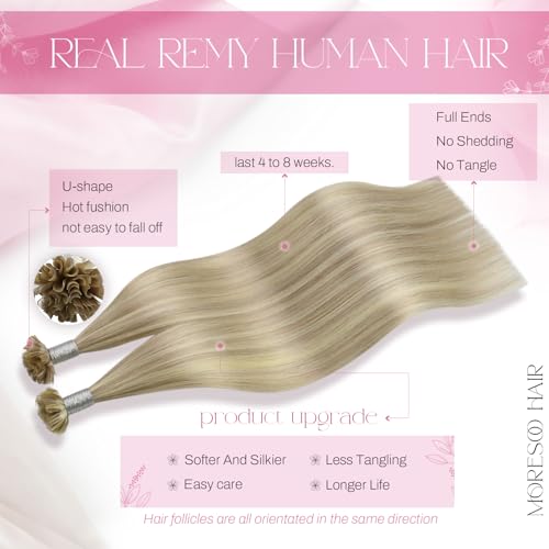Moresoo Utip Hair Extensions Human Hair Ash Blonde with Bleach Blonde Highlight Remy K Tip Hair Extensions Human Hair Blonde Straight 40G50S 14 Inch - Image 5