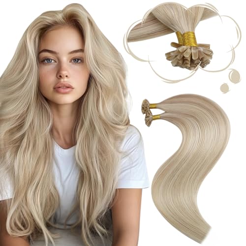 Moresoo Utip Hair Extensions Human Hair Ash Blonde with Bleach Blonde Highlight Remy K Tip Hair Extensions Human Hair Blonde Straight 40G50S 14 Inch - Image 2