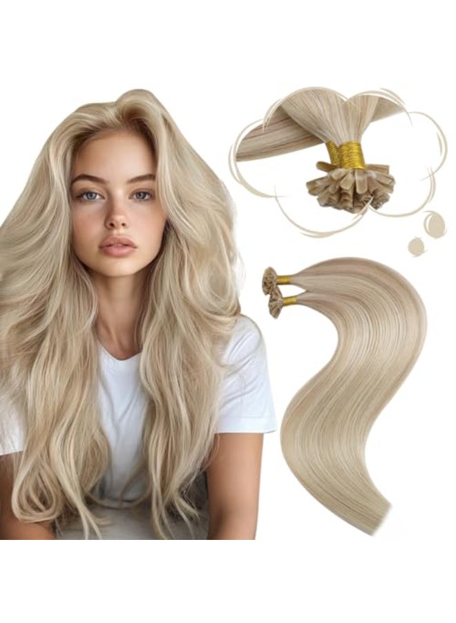 Moresoo Utip Hair Extensions Human Hair Ash Blonde with Bleach Blonde Highlight Remy K Tip Hair Extensions Human Hair Blonde Straight 40G50S 14 Inch - Image 1
