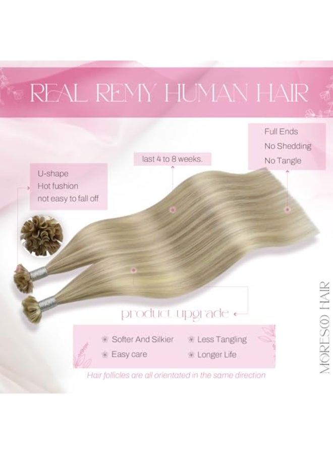 Moresoo Utip Hair Extensions Human Hair Ash Blonde with Bleach Blonde Highlight Remy K Tip Hair Extensions Human Hair Blonde Straight 40G50S 14 Inch - Image 4