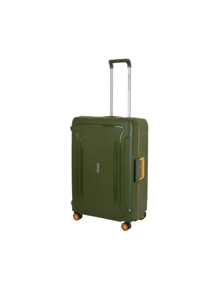 AMERICAN TOURISTER tribus suitcase, check-in size 78 cm / 29 inch, 4 spinner wheels, hard top, polypropylene, olive|address tag|tsa lock|dual tube pull handle|scratch resistant texture|xtrasecu™ 3-point locking system - 3 years international warranty