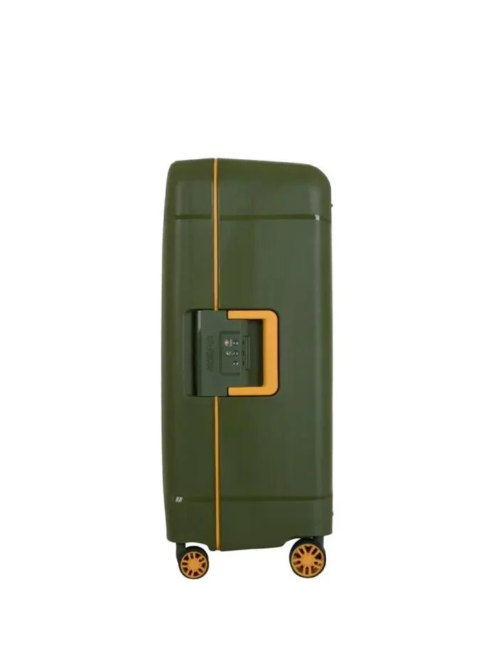 AMERICAN TOURISTER tribus suitcase, check-in size 78 cm / 29 inch, 4 spinner wheels, hard top, polypropylene, olive|address tag|tsa lock|dual tube pull handle|scratch resistant texture|xtrasecu™ 3-point locking system - 3 years international warranty