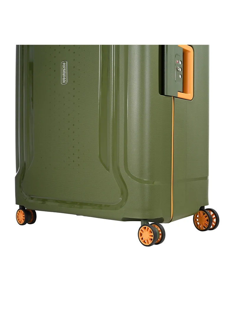 American Tourister  tribus suitcase, check-in size 78 cm / 29 inch, 4 spinner wheels, hard top, polypropylene, olive|address tag|tsa lock|dual tube pull handle|scratch resistant texture|xtrasecu™ 3-point locking system - 3 years international warranty  | Best Price UAE