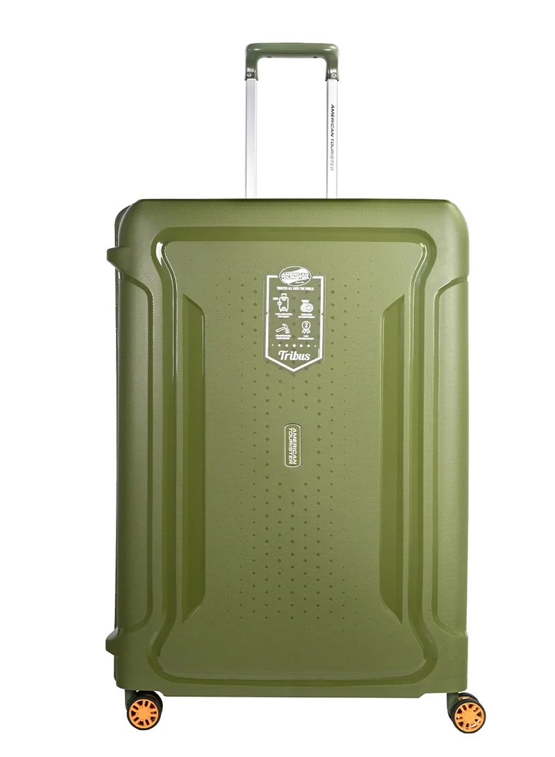 American Tourister  tribus suitcase, check-in size 78 cm / 29 inch, 4 spinner wheels, hard top, polypropylene, olive|address tag|tsa lock|dual tube pull handle|scratch resistant texture|xtrasecu™ 3-point locking system - 3 years international warranty  | Best Price UAE