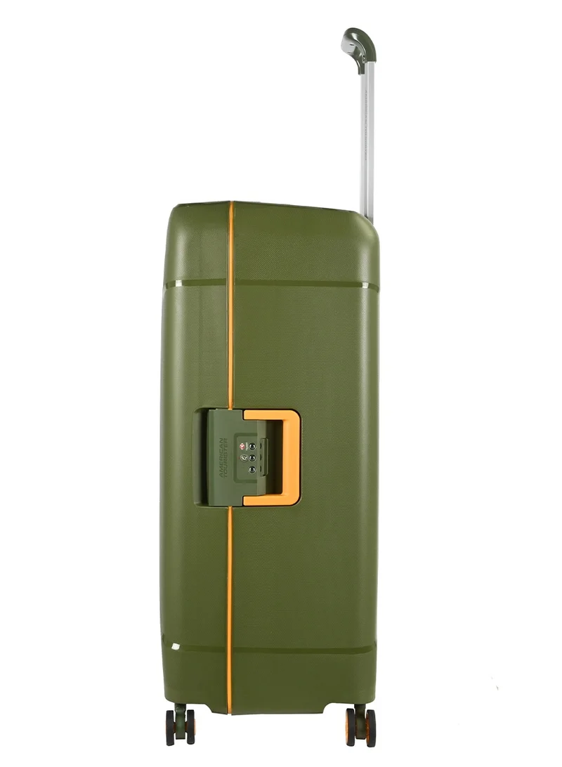 American Tourister tribus suitcase, check-in size 78 cm / 29 inch, 4 spinner wheels, hard top, polypropylene, olive|address tag|tsa lock|dual tube pull handle|scratch resistant texture|xtrasecu™ 3-point locking system - 3 years international warranty