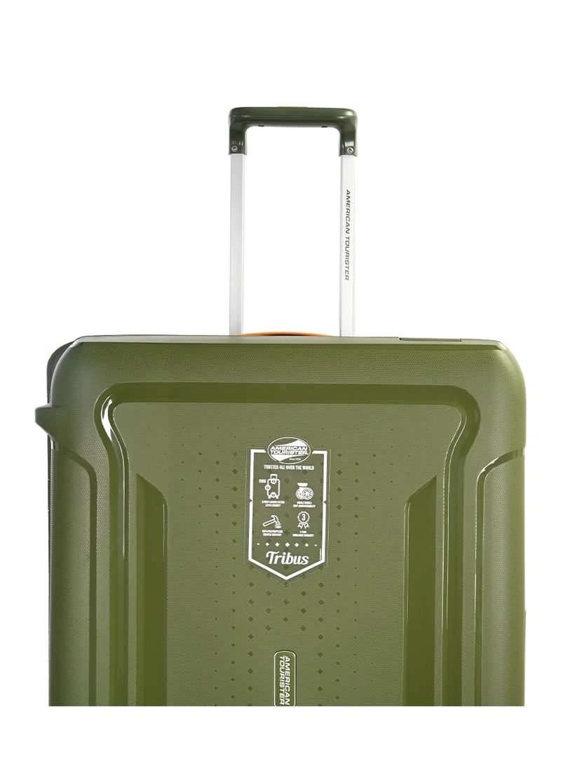 American Tourister  tribus suitcase, check-in size 78 cm / 29 inch, 4 spinner wheels, hard top, polypropylene, olive|address tag|tsa lock|dual tube pull handle|scratch resistant texture|xtrasecu™ 3-point locking system - 3 years international warranty  | Best Price UAE